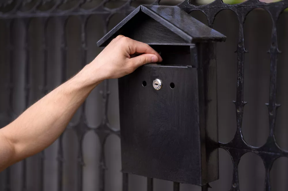 close-up-hand-touching-mailbox une lain mettante papier dans la boite aux lettres