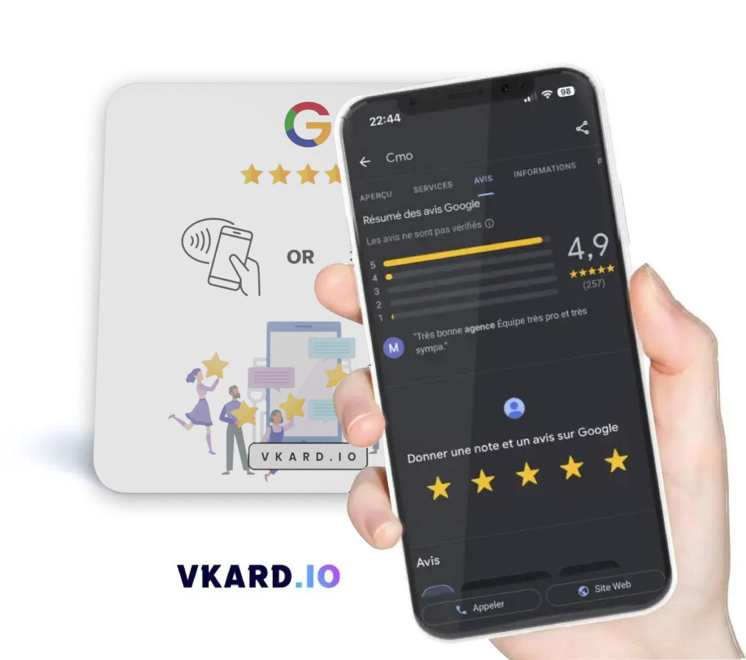 La main qui tient le téléphone avec la page Google Avis ouverte pour laisser un avis, à côté du Square Stars.